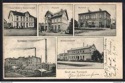 AK Tornesch, Gasthaus Hans Mölln, Bahnhof, Konserven- und Spritfabrik