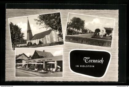AK Tornesch /Holst., Geschäfte, Kirche, Strassenpartie