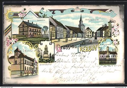 Lithographie Trebbin, Krankenhaus, Marktplatz mit Kirche, Kriegerdenkmal, Kaiserl. Post