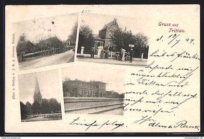 AK Trittau, Ortspartie mit Häusern, Kirche, Bahnhof