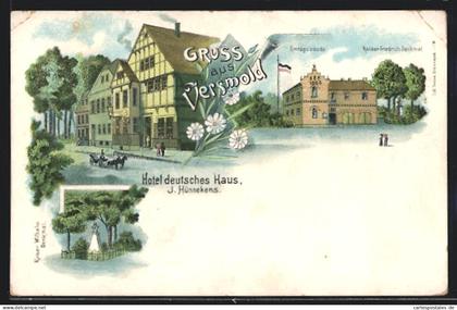 Lithographie Versmold, Hotel deutsches Haus, Amtsgebäude mit Kaiser Friedrich-Denkmal
