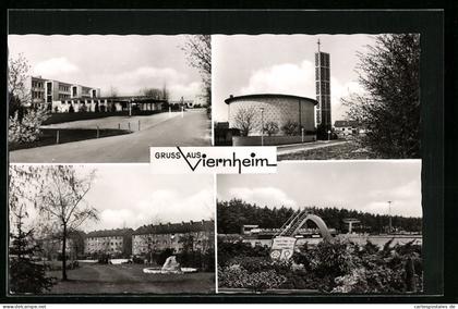 AK Viernheim /Hessen, Freibad, Kirche, Wohnpartie