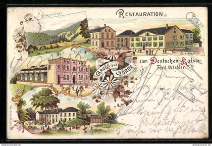 Lithographie Voerde, Restauration zum Deutschen Kaiser v. Ferd. Wächter, Gartenanlagen, Saal