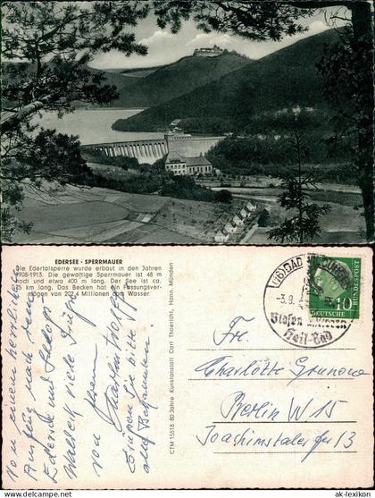 Waldeck (am Edersee) Blick auf die Staumauer - Schloss Waldeck 1955