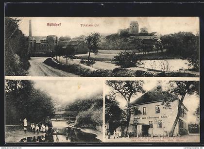 AK Sülldorf / Wanzleben, Gasthof zum schwarzen Adler v. Rich. Heyne, Totalansicht, Flusspartie