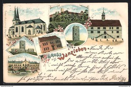 Lithographie Wanzleben, Kirche, Rathaus, Neue Schule, Blaue Warte