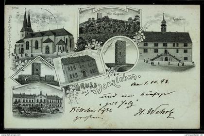 Mondschein-Lithographie Wanzleben, Neue Schule, Hospital, Rathaus, Kirche