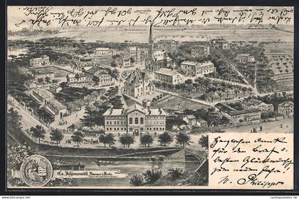 Künstler-AK Plötzensee /Berlin, Evangelisches Johannesstift mit Strasse und Brücke aus der Vogelschau, Siegel