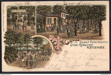 Lithographie Berlin-Wedding, Insel-Restaurant Plötzensee, Inh. Gustav Habermann, Aussenansicht, Ufer, Eingang