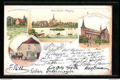 Lithographie Wegberg, Restaurant zur Post v. J. Ritter, Kirche, Ruine u. Schloss Tüschenbroich