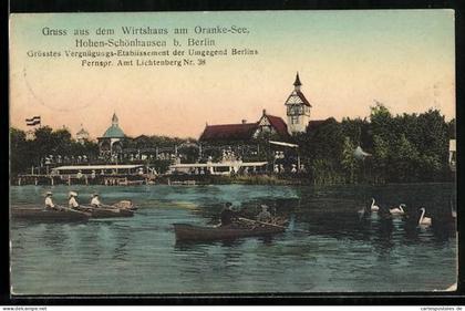 AK Hohenschönhausen /Berlin, Gaststätte Wirtshaus am Orankesee, Ansicht vom Wasser, mit Bootspartie