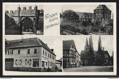 AK Bingenheim / Wetterau, Ladengeschäft Otto Rreichhardt, Stadtmauer, Fachwerkhaus & Kirche