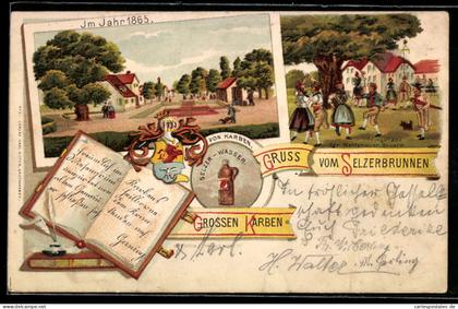 Lithographie Gross-Karben, Selzerbrunnen, Pfingsttanz der Wetterauer Bauern, Selzer-Wasser, Ortspartie 1865
