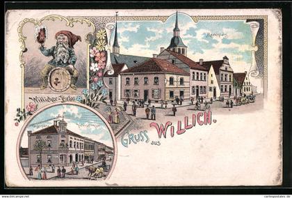 Lithographie Willich, Marktplatz, Kaiserplatz, Petersstrasse, Willicher-Bräu
