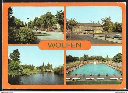 AK Wolfen, Leipziger Strasse, Schwimmbad, Bahnhof