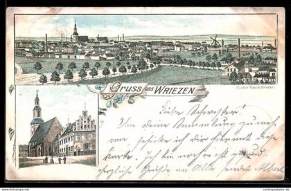 Lithographie Wriezen, Ortsansicht von oben, Strassenpartie, Windmühle