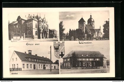 AK Würselen, am Bahnhof, das Postamt, das Rathaus, Kirche St. Sebastian