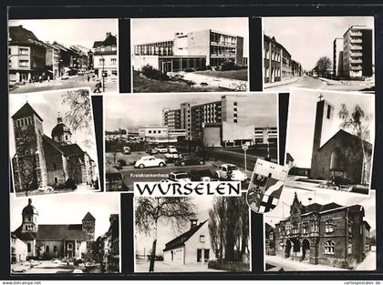 AK Würselen, Kaiserstrasse, St. Sebastian, Markt, Hallenbad, Nordstrasse, Kreiskrankenhaus, Rathaus, Bahnhof, Ev. Kir