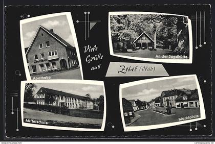 AK Zetel /Oldb., Gasthaus Jagdhütte, Apotheke, Mittelschule