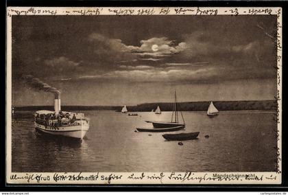 AK Zeuthen, Zeuthener See, Dampfer, Segelboote, Mondschein