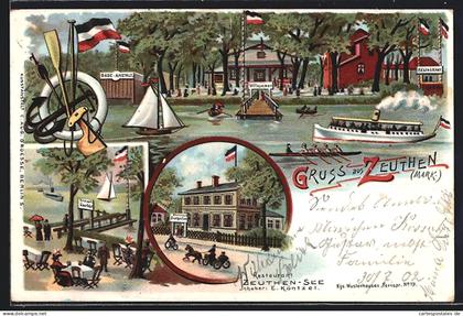 Lithographie Zeuthen /Mark, Restaurant Zeuthen-See - Strassenansicht und Gartenansicht mit Badeanstalt, Dampfer-Anleger