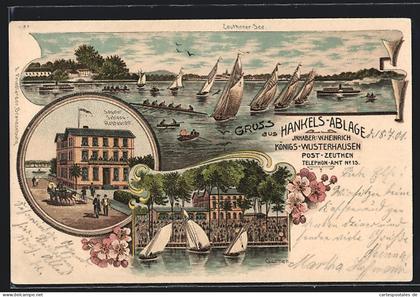 Lithographie Zeuthen, Segeler Schloss-Restaurant, Zeuthener See, Ortspartie