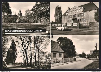 AK Radegast /Anhalt, Leninplatz, Strasse nach Zörbig, Polytechnische Oberschule, Ernst-Thälmann-Strasse