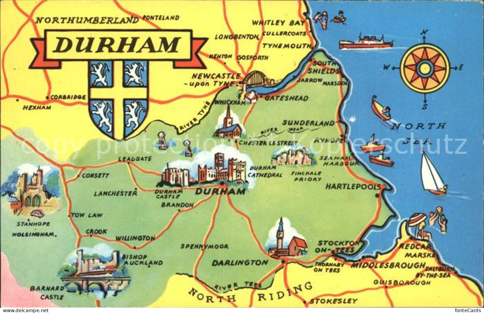 Durham UK Map of Durham County Wappen Landkarte