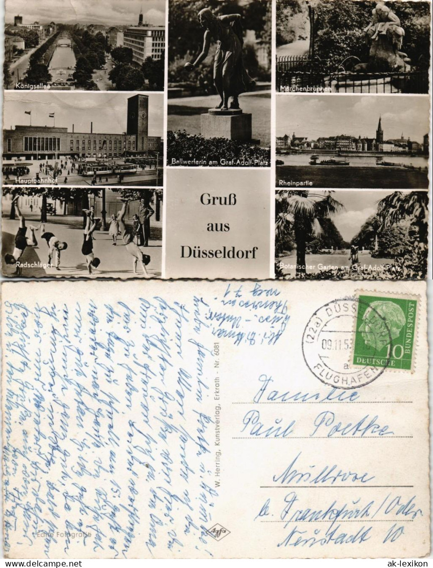 Düsseldorf Mehrbild-AK mit Bahnhof, Märchen-Brunnen, Königsallee uvm. 1953