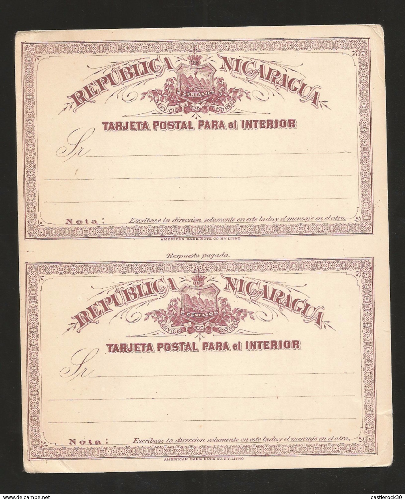E)1898 NICARAGUA, 2 CENTAVOS SHIELD, AMERICAN BANKNOTE,  POSTCARD