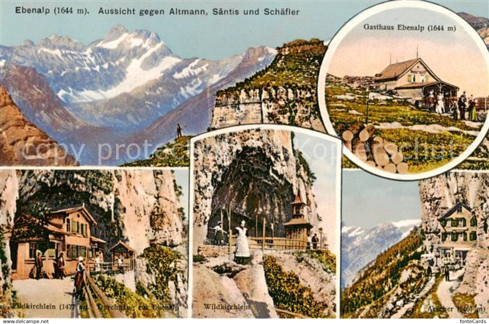 Ebenalp 1641m AI Aussicht gegen Altmann Saentis und Schaefler Bergwelt Appenzell