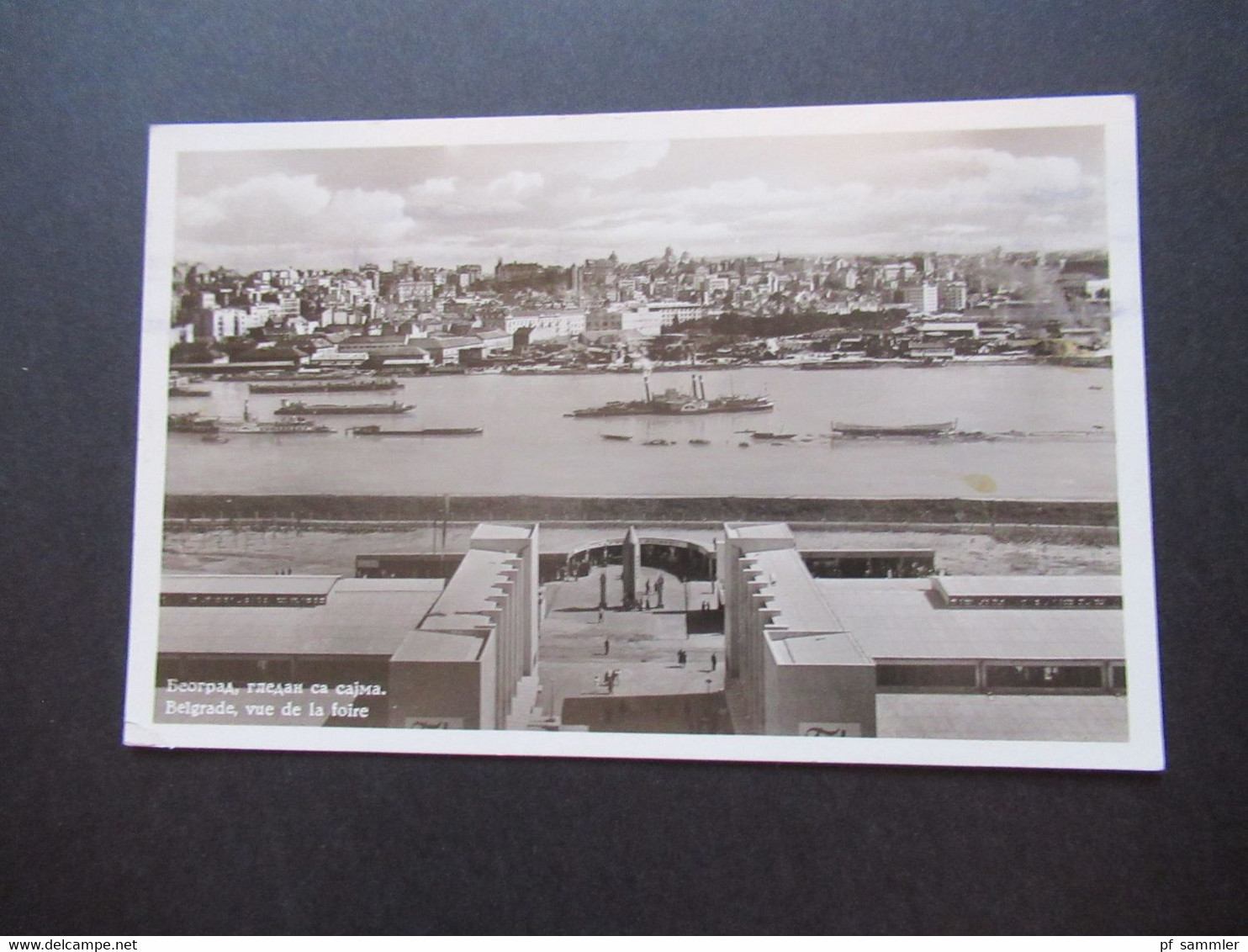 Echtfoto AK 1938 Jugoslawien Belgrade vue de la foire Dampfer auf dem Fluss Auslands PK nach Zürich