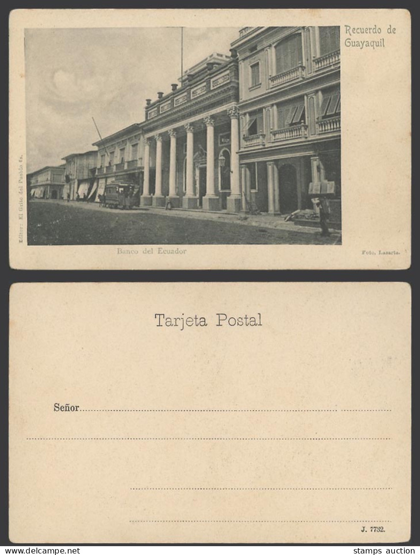 Ecuador Old UB Postcard Guayaquil, Banco del Ecuador Bank, TRAM Car Street Scene