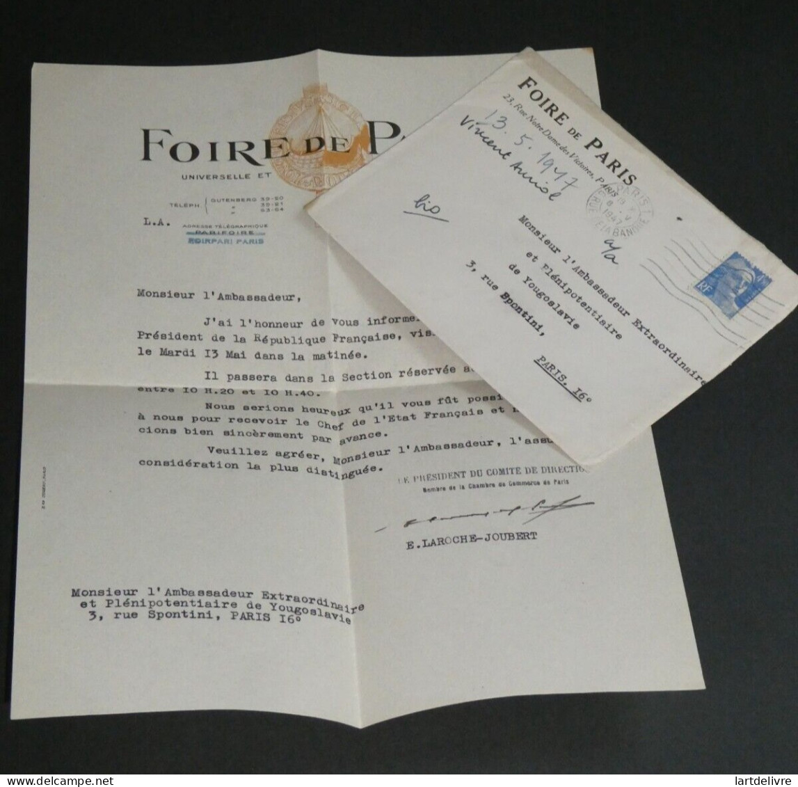 Edmond Laroche-Joubert, LETTRE  SIGNÉE,  Foire de Paris, 1947, Vincent Auriol