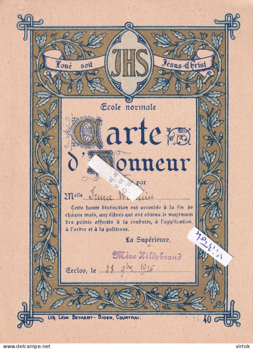 EECLOO - Eeklo : carte d'Honneur :   ecole normal  1926