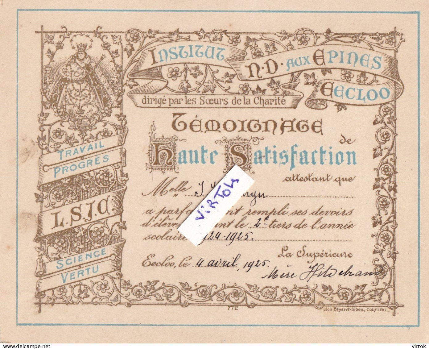 EECLOO - Eeklo : carte d'Honneur : institut N.D. aux Epines    1925