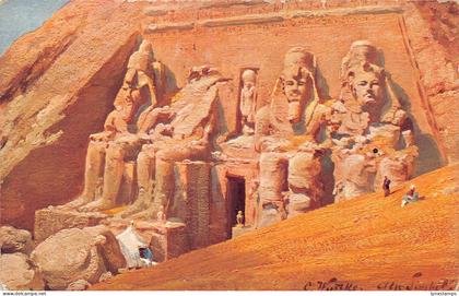 L280 Egypt Painting signed Temple in Rock Abu-Simbel Sculpures postcard