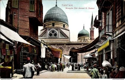 CPA Tantah Tanta Ägypten, Moschee Sidi Ahmed El Badawi, Marktstraße, Menschen, Stände