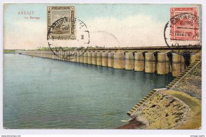 Egypt: Assiut Barrage Nile Dam Grand Continental Hotel Cairo Stamp (Vintage PC 1921)