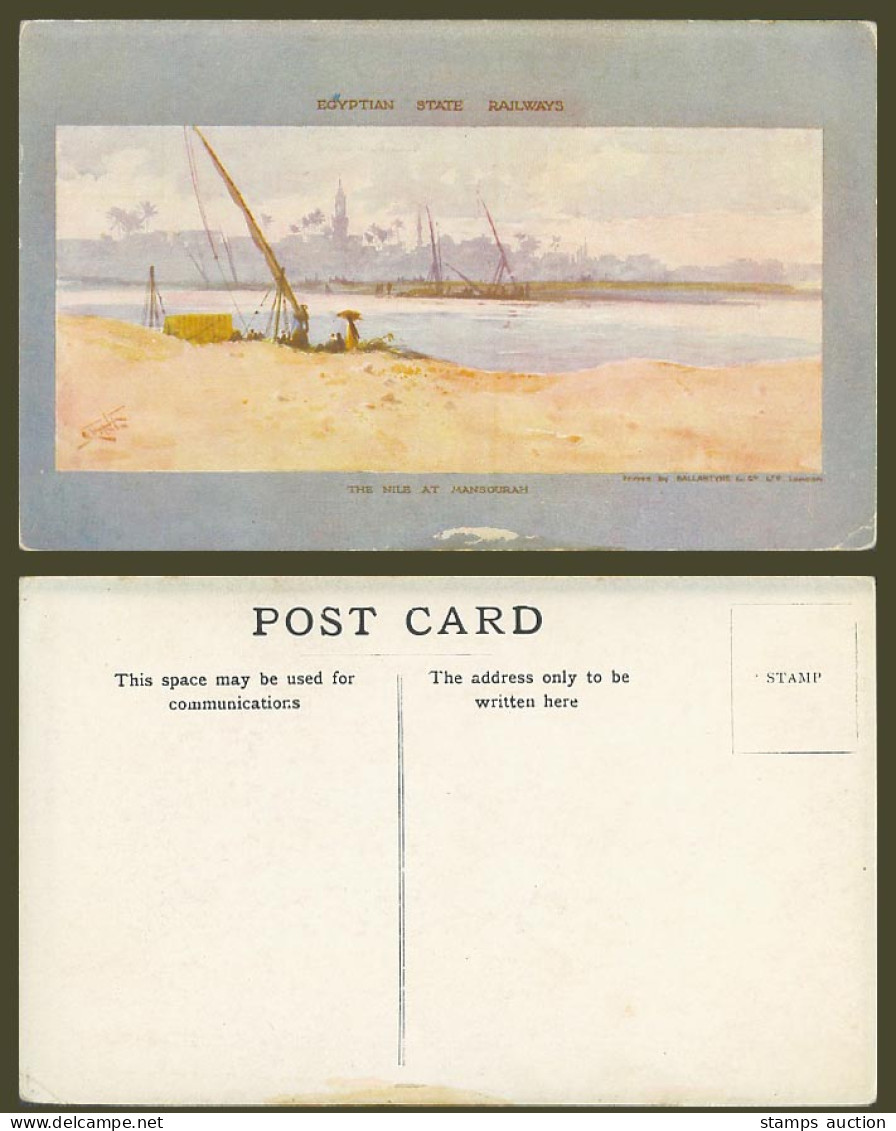 Egypt Artist Signed Old Postcard The Nile at Mansourah - Egyptian State Railways