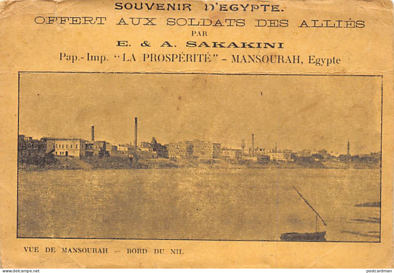 Egypt - MANSOURA - Panorama - Postcard offered to Allied soldiers by E. & A. Sakarini, owners of the La Prosperité stati