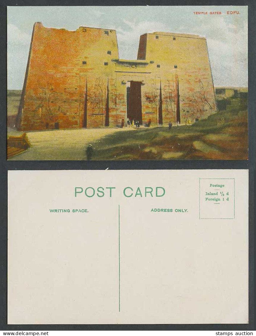 Egypt Old Colour Postcard Edfou Edfu Temple Gates Ruins Gate with Wall Carvings