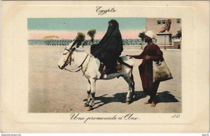 PC EGYPT, UNE PROMENADE A ANE, VINTAGE EMBOSSED POSTCARD (B39454)