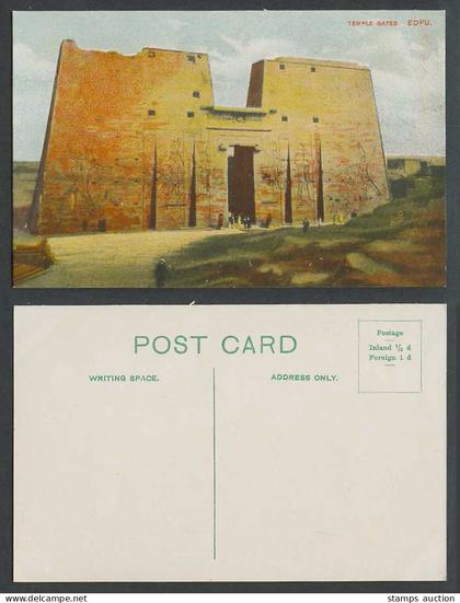 Egypt Old Colour Postcard Edfou Edfu Temple Gates Ruins Gate with Wall Carvings