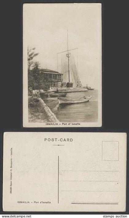 Egypt Old Postcard Port of Ismailia Harbour Boats Canoes Ships Bazar Oriental D.