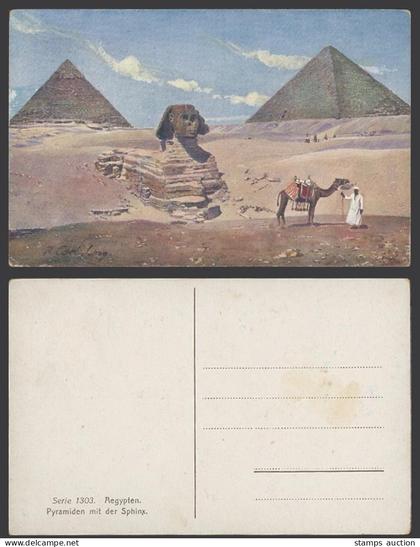 Egypt R. Carl L. Artist Signed Old Postcard Pyramiden mit Sphinx, Pyramids Camel