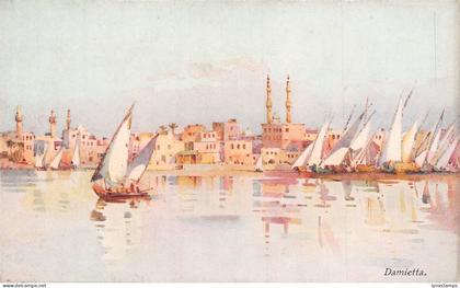 L382 Egypt Damietta sailing boats view painting vintage postcard