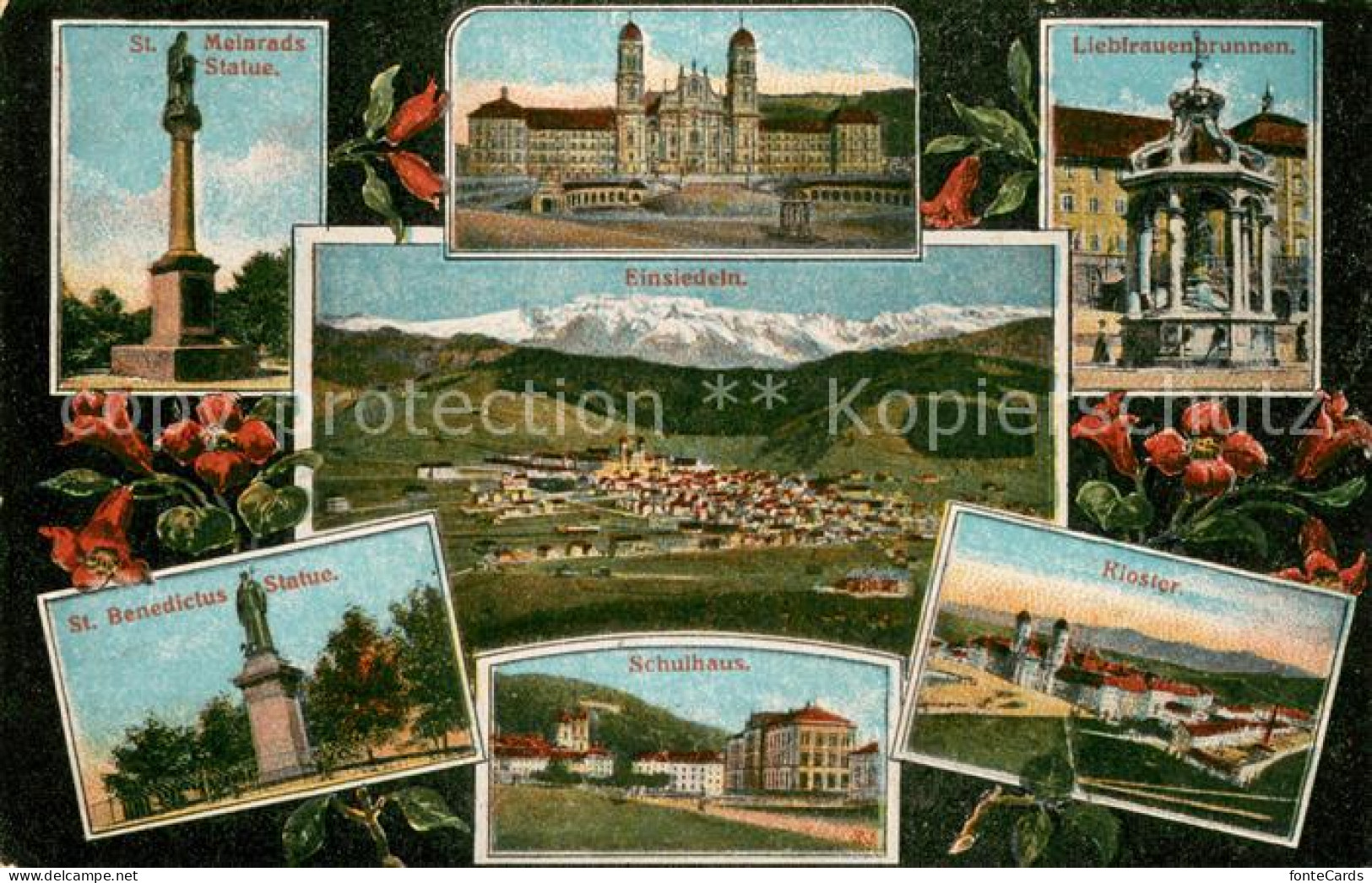 Einsiedeln SZ Statuen Kloster Liebfrauenbrunnen Schulhaus