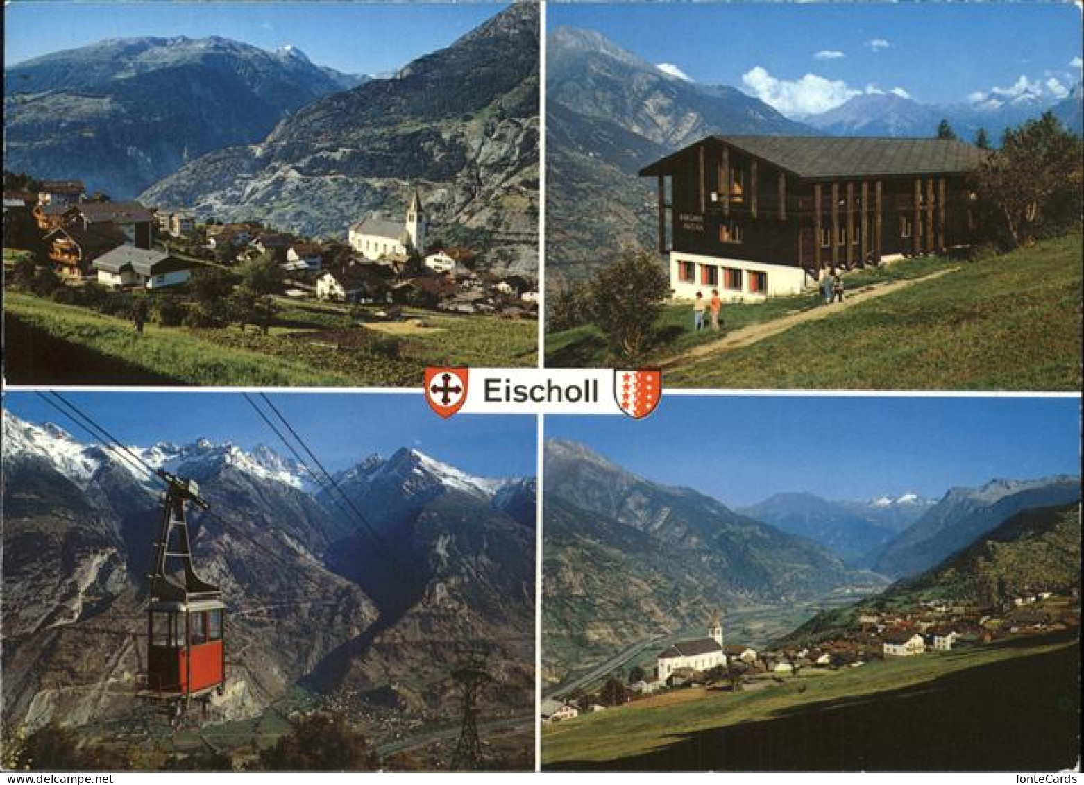 Eischoll Panorama mit Balmhorn Metjen Bietschhorn Rhonetal Kabinenbahn Wappen