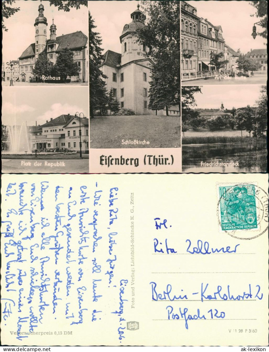 Eisenberg (Thüringen) DDR  AK mit Rathaus, Schloßkirche Plätze & Straßen 1960